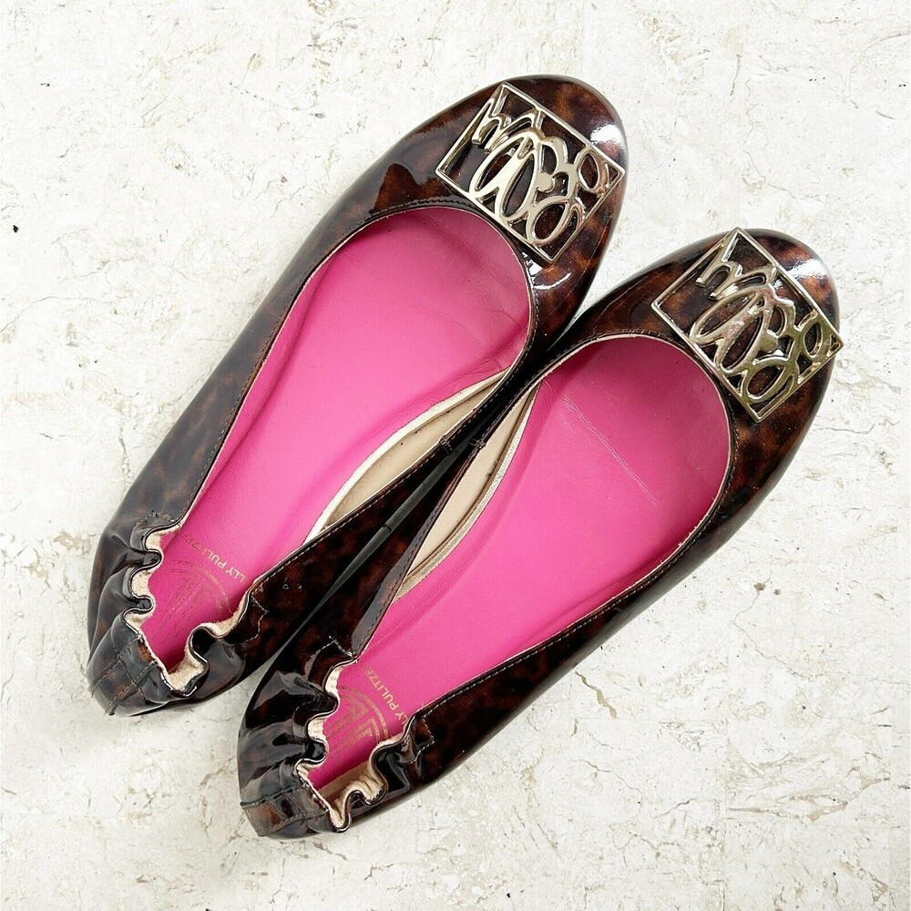 Lilly Pulitzer Logo Ballet Flats 8.5 Shoes Brown Shiny Leather Tortoise Pattern - Picture 4 of 10
